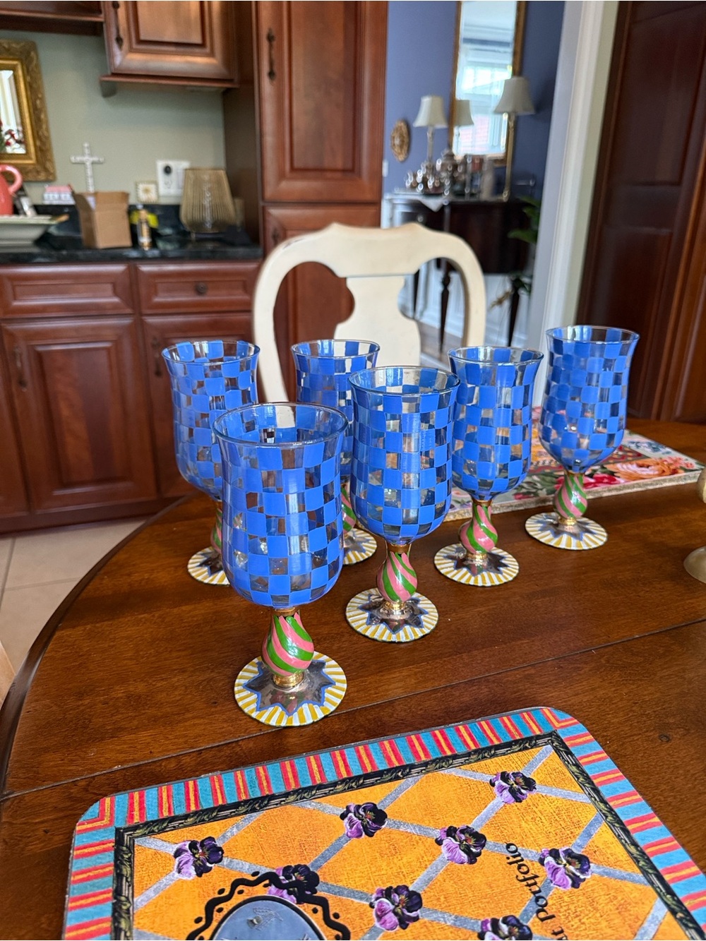 MacKenzie Childs Set of 6 Circus Blue pattern water or wine Goblets